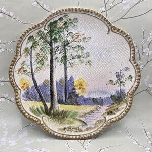 Japanese Hand Painted Tapestry CABINET PLATE 7.5 Country Scene Gold Trim Signed